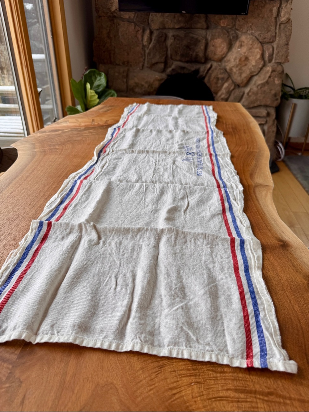 Vintage French White Linen Table Runner with Red & Blue Stripes